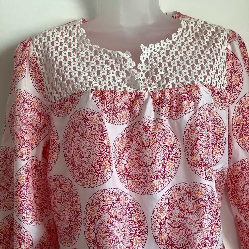 Calypso St Barth for Target Pink Silk Medallion Crochet Lace Yoke‎ Blouse M